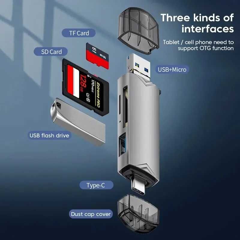 adaptador  Multifuncional leitor de cartões sd com micro e c usb port