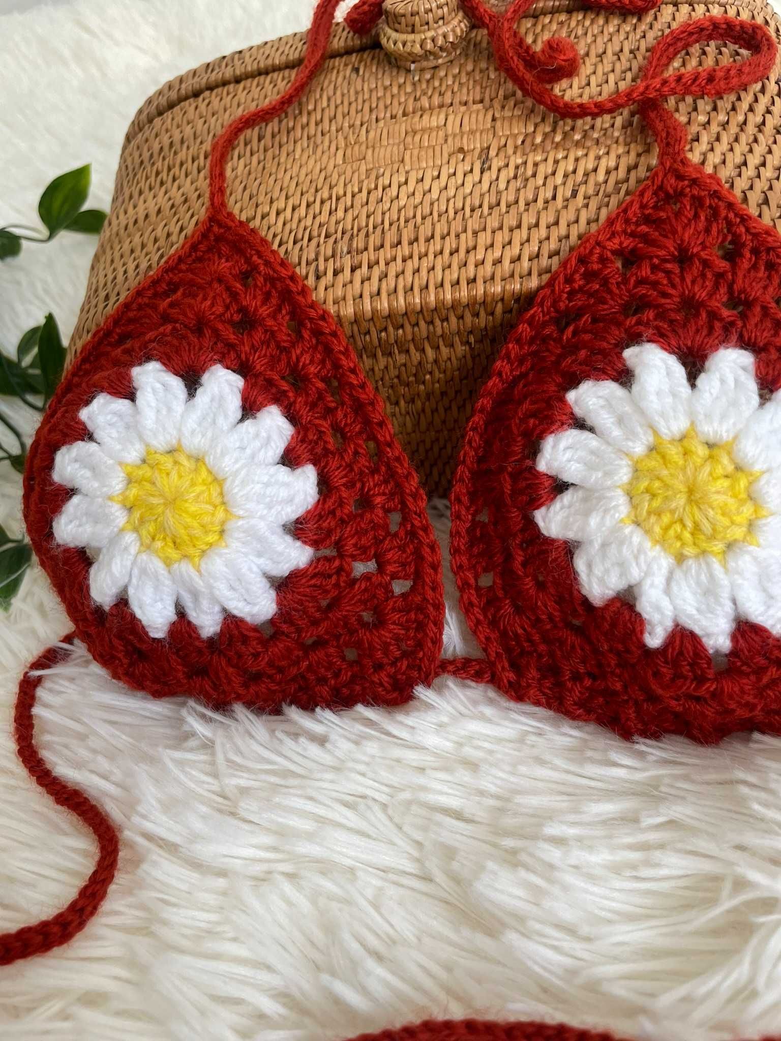 Bikini crop top góra od stroju kąpielowego kwiat szydełko boho S 36 M