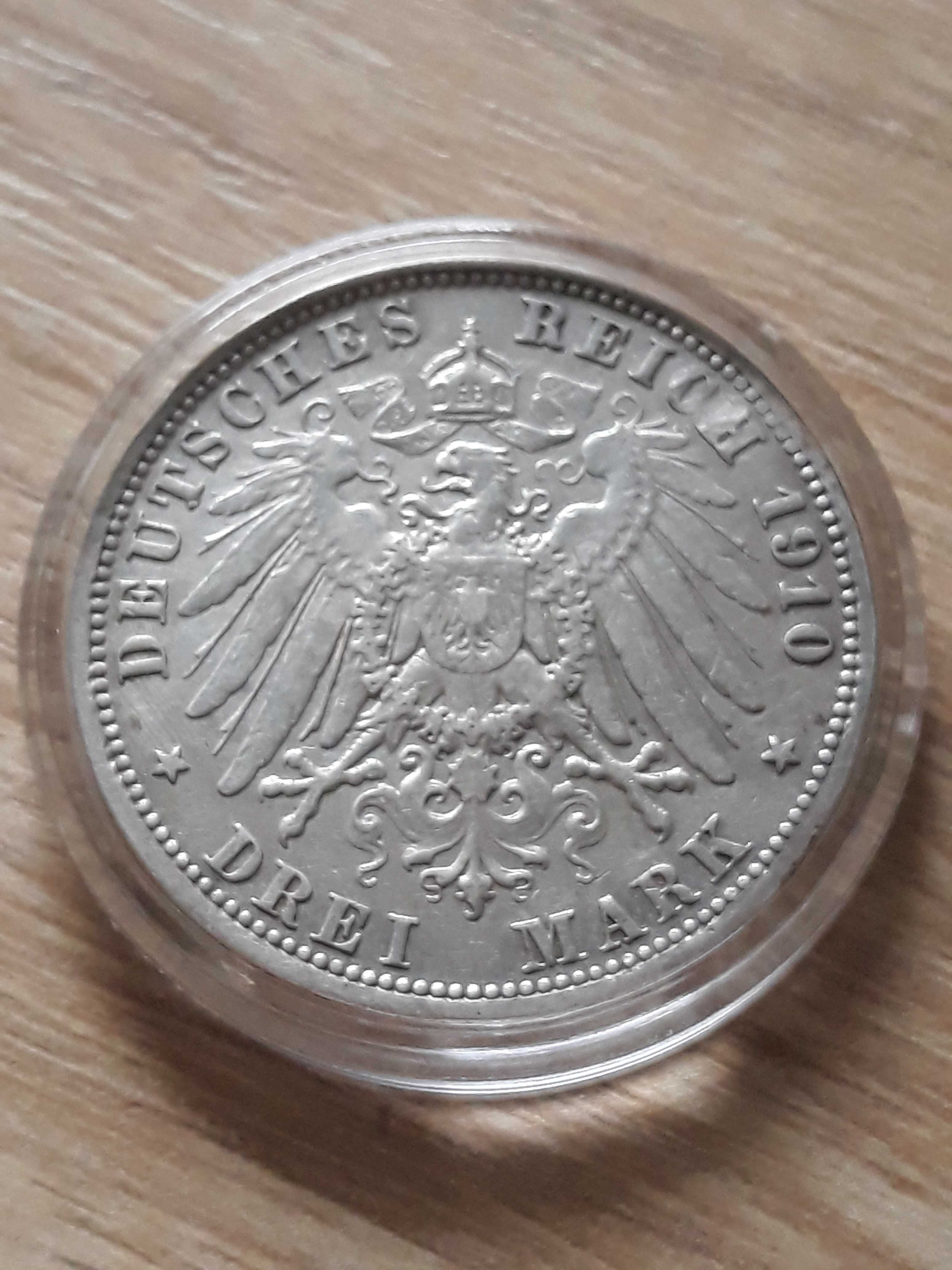 3 Marki Wilhelm II 1910 r. -Prusy - men A- Piękna - oryginał