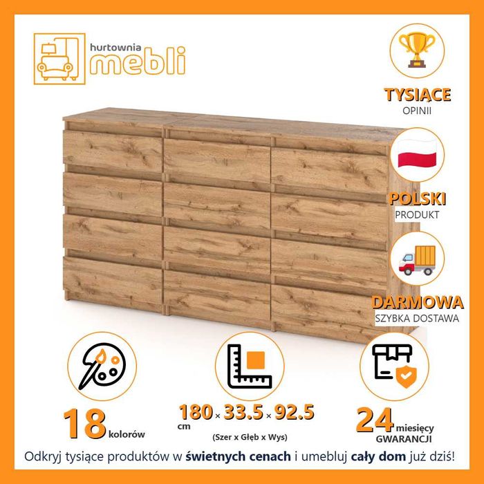 Duża Komoda Modułowa Hugo 180cm Nowoczesna Szafka 12 Szuflad Drewniana