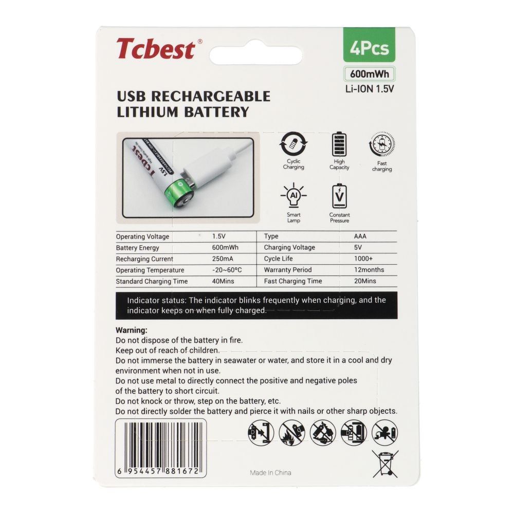 TCBEST bateria akumulatorowa R3 (AAA) 180 mAh z gniazdem Typ C