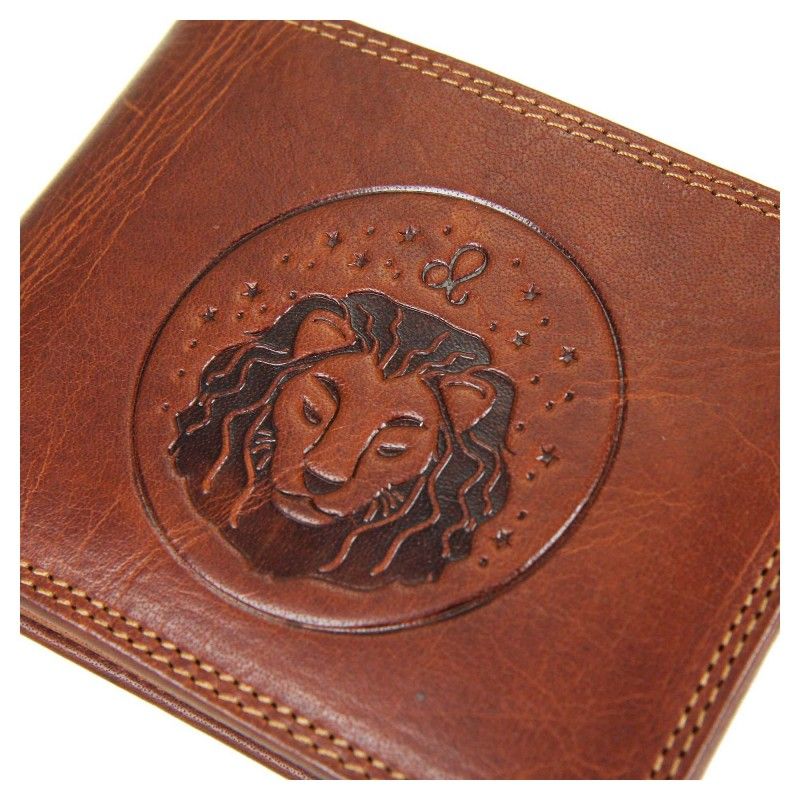 portfel męski brązowy poziomy ze znakiem zodiaku