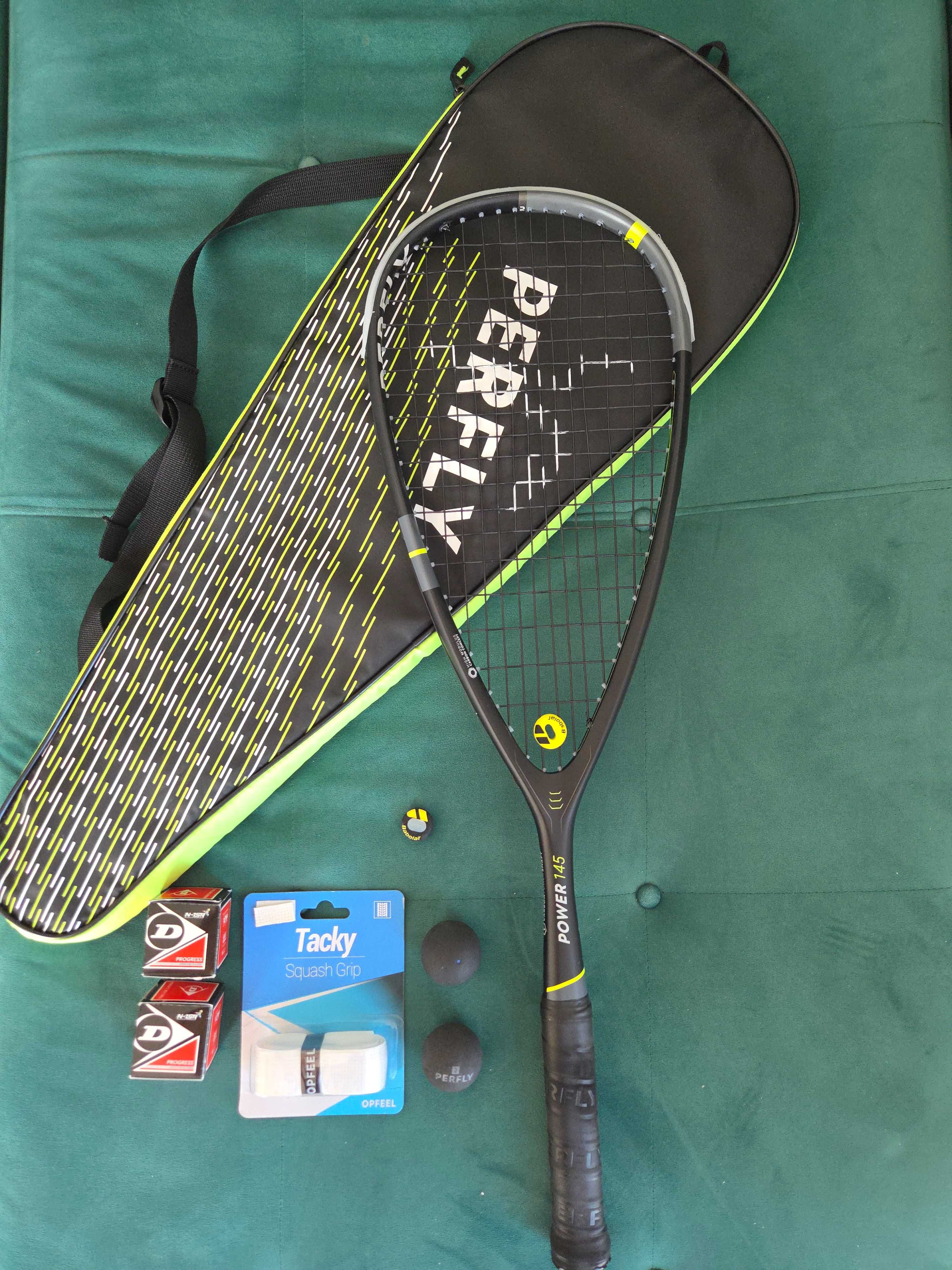 Zestaw squash: rakieta Perfly Power 145, pokrowiec, piłki, owijka