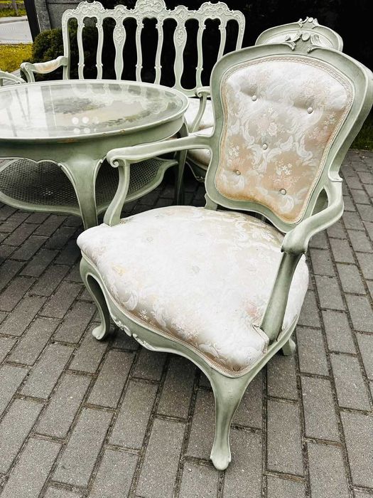 Miętowy komplet wypoczynkowy ludwikowy stół krzesła ławka antyk