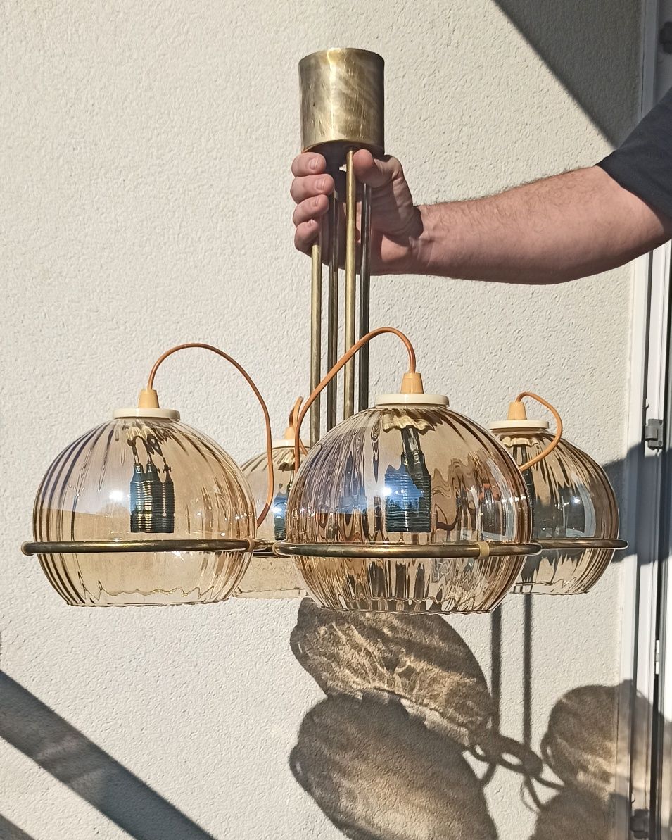 Żyrandol PRL lampa PRL ESI Nowa Huta mosiądz szkło lata 70 retro vinta