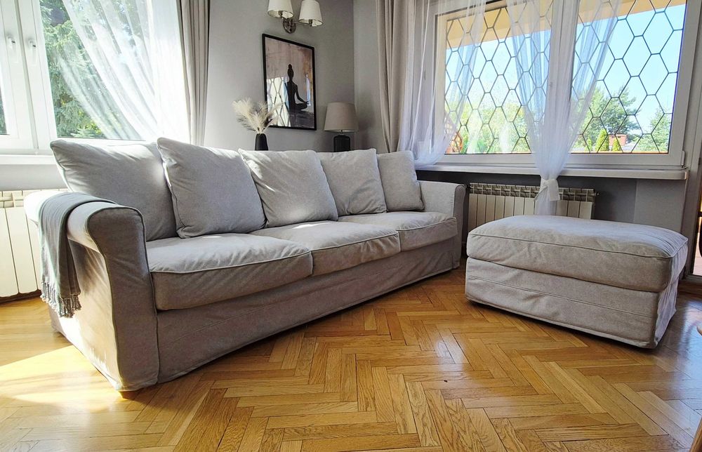 IKEA GRÖNLID sofa + pufa ze schowkiem + 3 komplety pokrowców –jak nowa