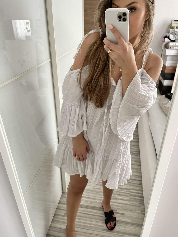 Sukienka biała boho z falbanami oversize 100% bawełna