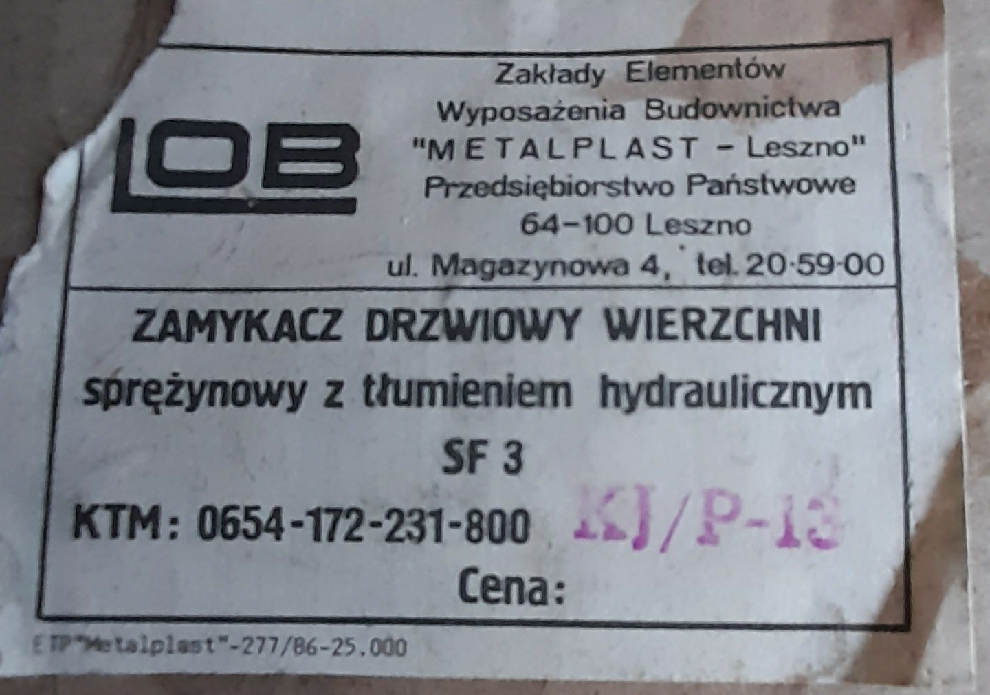 Zamykacz drzwi, drzwiowy LOB SF3, komplet, nieużywany