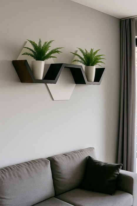 Półka na ścianę nowoczesna czarna na kwiatki ozdoby hexagon