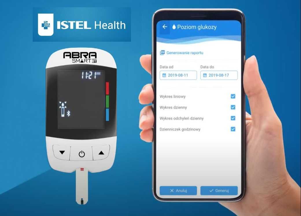 Glukometr Bluetooth ABRA SMART + 50 PASKÓW + 70 LANCETÓW – biały