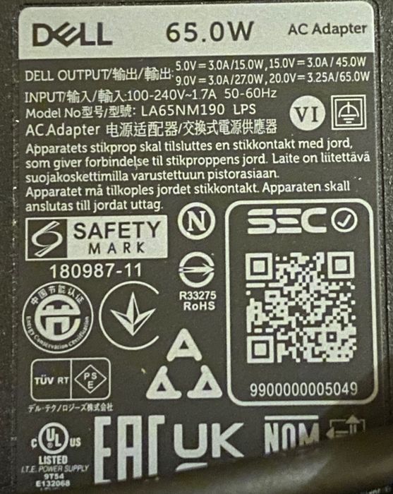Zasilacz Dell 65W do laptopa oryginał