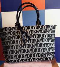 DKNY duży shopper, szaro-czarny, logowany,