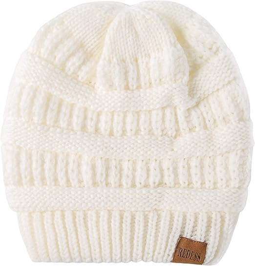 Czapka zimowa oversize, unisex, ciepła, dzianinowa, biały-kremowy REDE