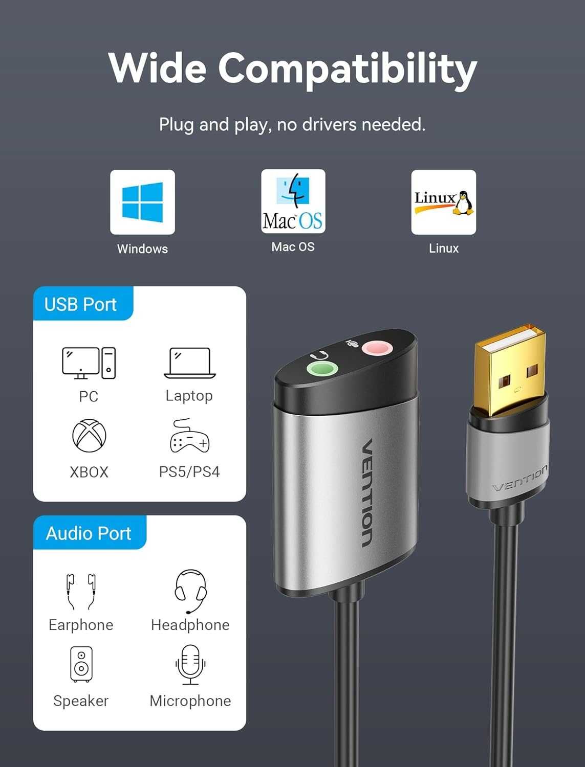 Karta dźwiękowa zewnętrzna Vention USB na gniazdo 3,5 mm adapter audio