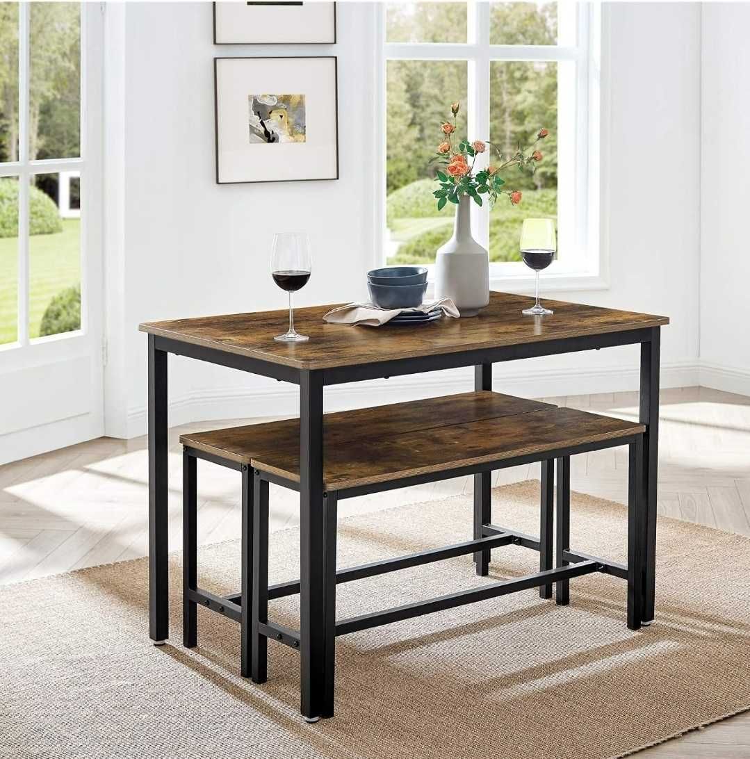 Stół jadalny, zestaw stołowy, z 2 ławkami, metalowa rama