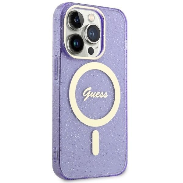 Guess Etui iPhone 14 Pro 6.1" Purpurowe Glitter Gold MagSafe