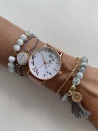 Zegarek biały marmur różowe złote bransoletki elegant wesele komunia