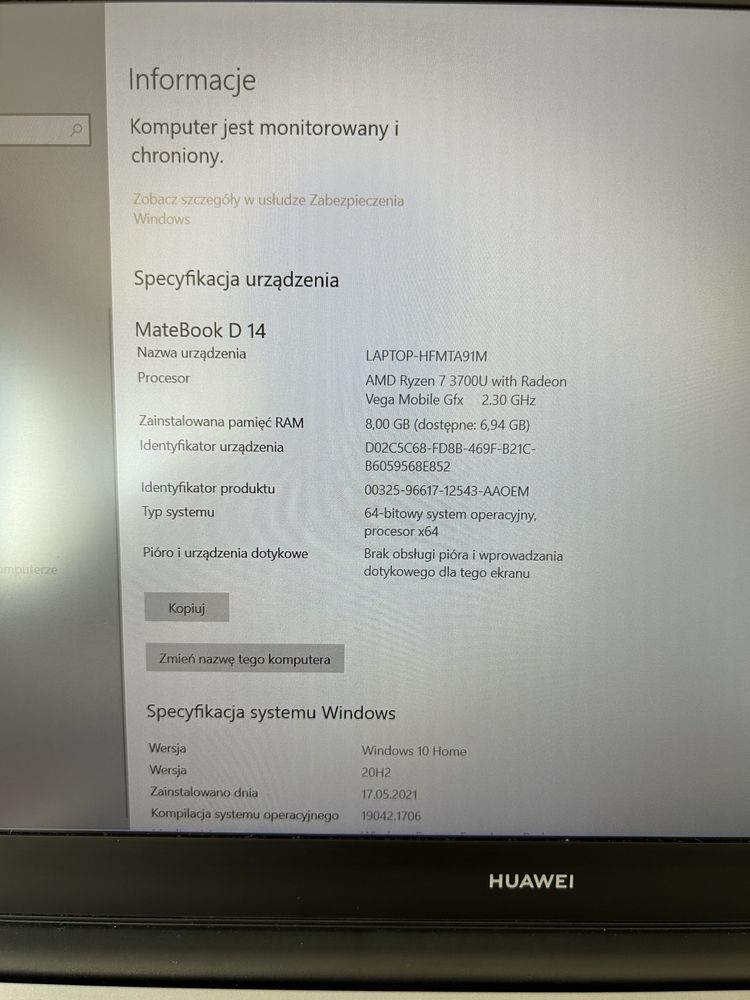 Laptop Huawei MateBook D14 14" R7 3700U 8GB RAM 512GB Dysk SSD Win10