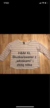 Różowo biały sweter H&M damski rozm XL z włoskami i złotą nitką