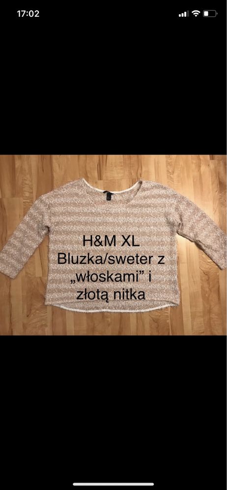 Różowo biały sweter H&M damski rozm XL z włoskami i złotą nitką