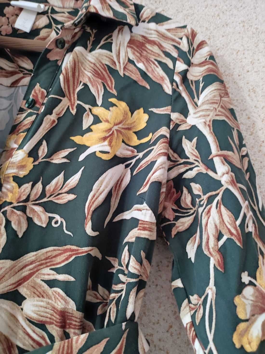 H&M długa midi sukienka zapinana w kwiaty szmizjerka złote liście