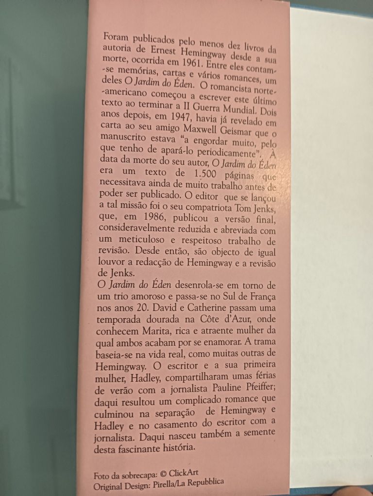 O Jardim do Éden , de Ernest Hemingway -  Novo! Nunca Usado!