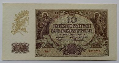 Banknot Polska - 10 złotych - 1940 rok.Ser. J ( z paczki bankowej )