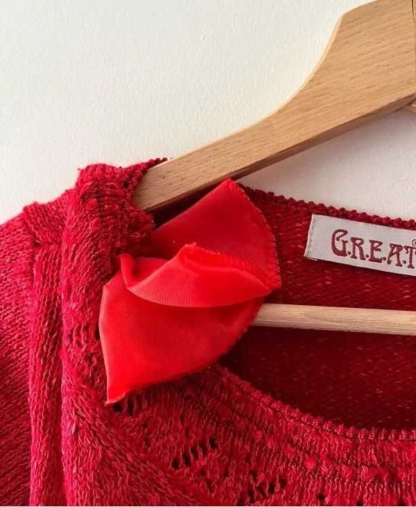Czerwony sweter damski z ażurowym splotem wiskoza Great L 40