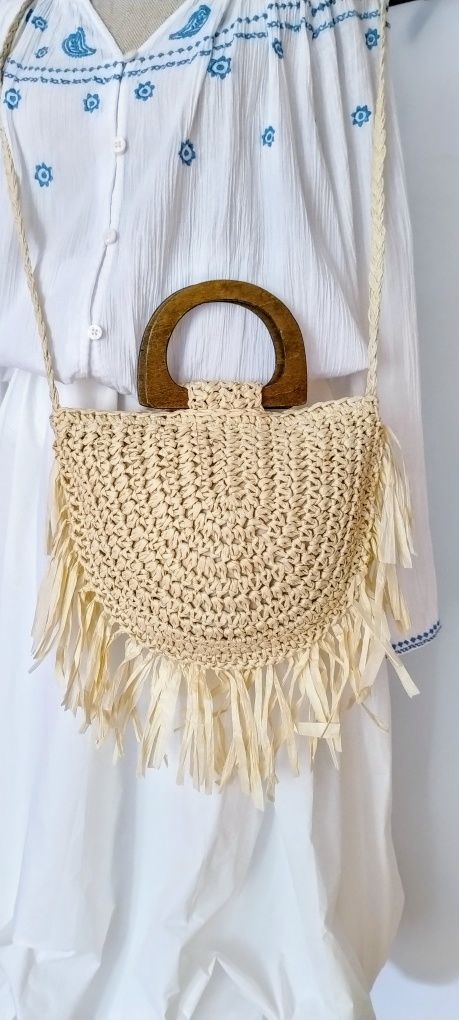 Pleciona letnia torebka, drewniane rączki, podszewka, frędzle,boho,eco