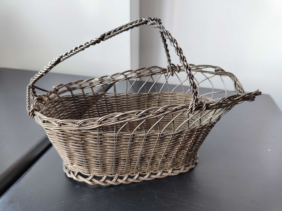 Wyjątkowy stary platerowy koszyk na wino  "pleciony"
