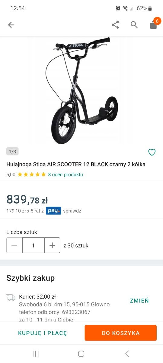 Hulajnoga Stiga - air scooter kółka pompowane 12" ,czarna.