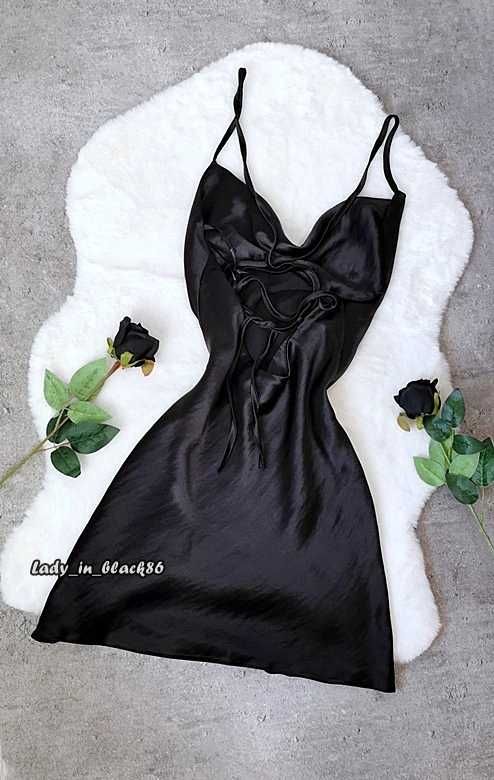 Asos Czarna Sukienka Satyna Slip Dress Wiązana Elegancka Seksowna L XL