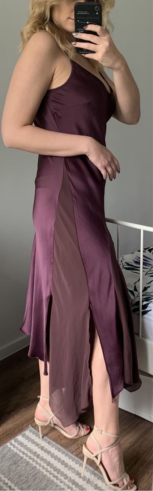 Fioletowa satynowa asymetryczna długa sukienka Per Una 44 XXL