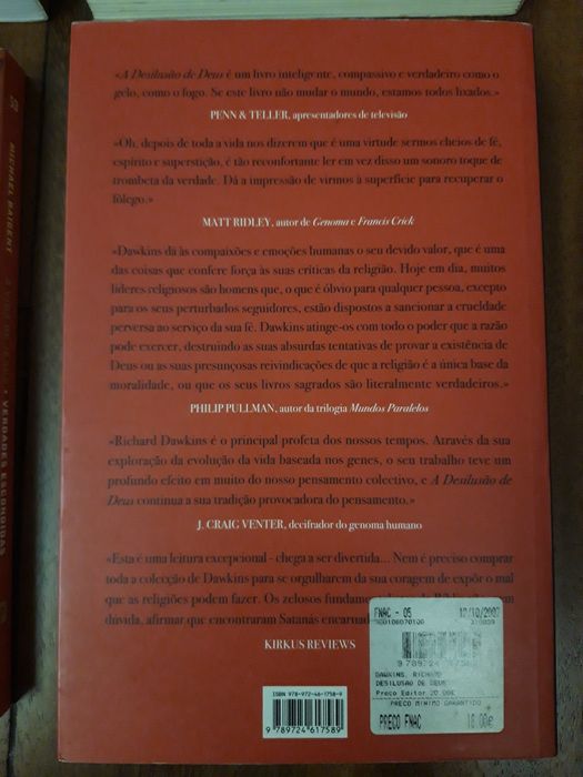 4 livros sobre religião: Dawkins, Baigent, Vidal, António Losa