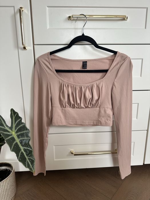 Bluzka top crop marszczony dekolt długi rękaw prążkowana prążki