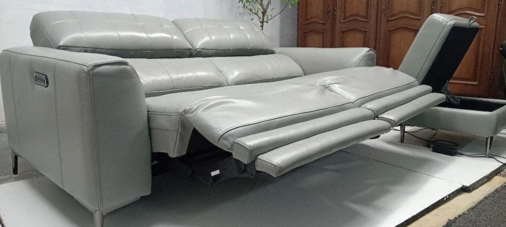 Шкіряний диван, електрореклайнер+пуф, USB, шкіряна мебель