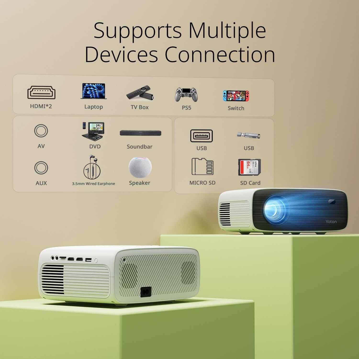 Projektor 4K 18000 Lumens, YOTON Y6 1080P, Bluetooth, HDMI USB
