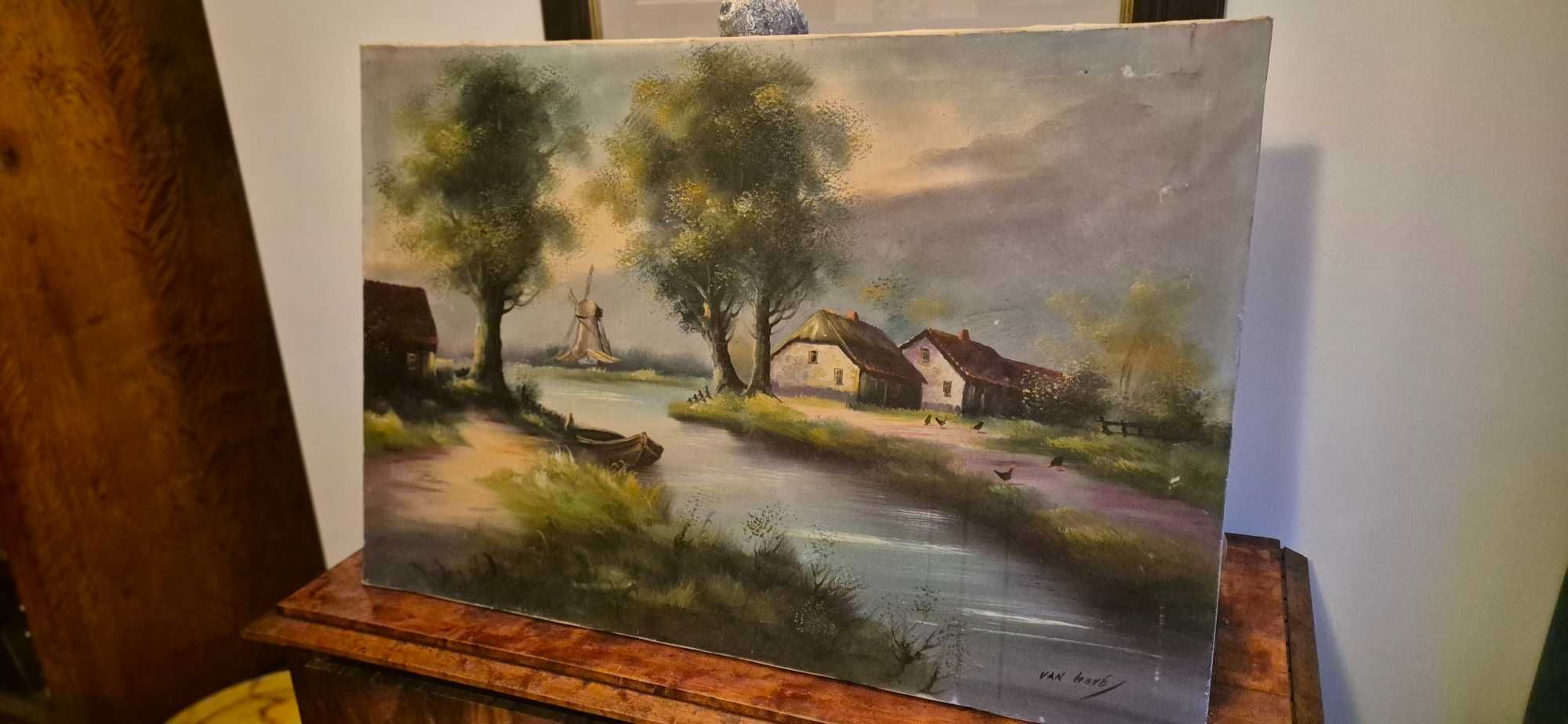 Obraz olej na płótnie pejzaż wiejski młyn Holandia antyk dekor