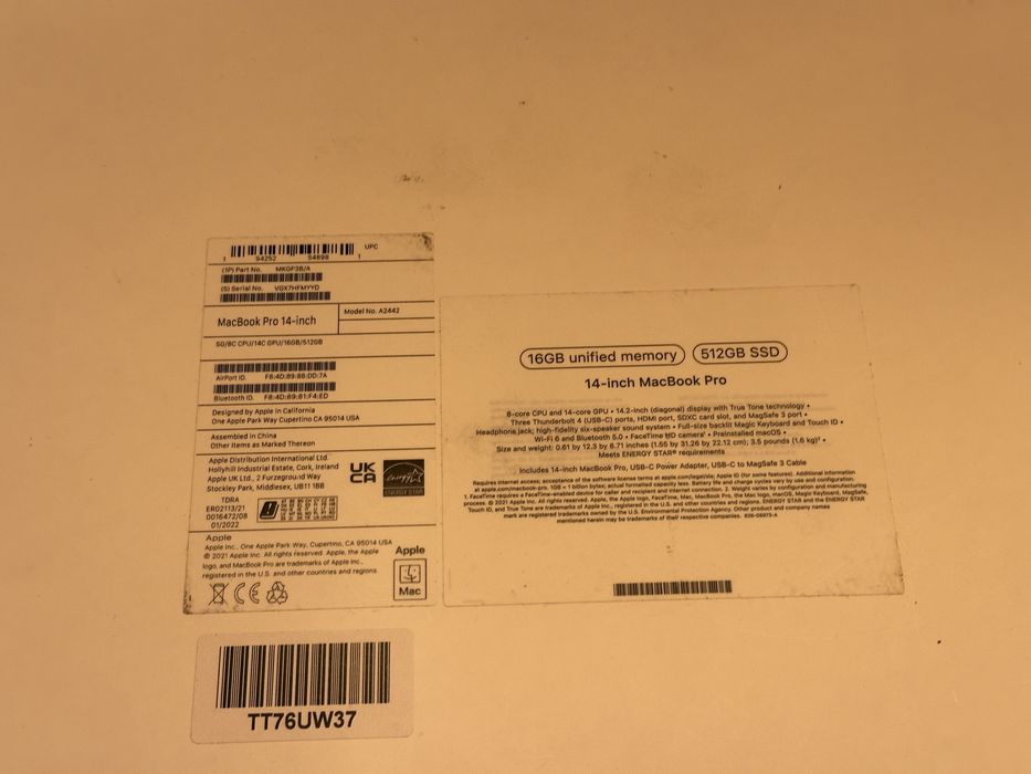 Apple Macbook Pro 14 M1 Pro 16GB Ram 512 GB SSD A2442