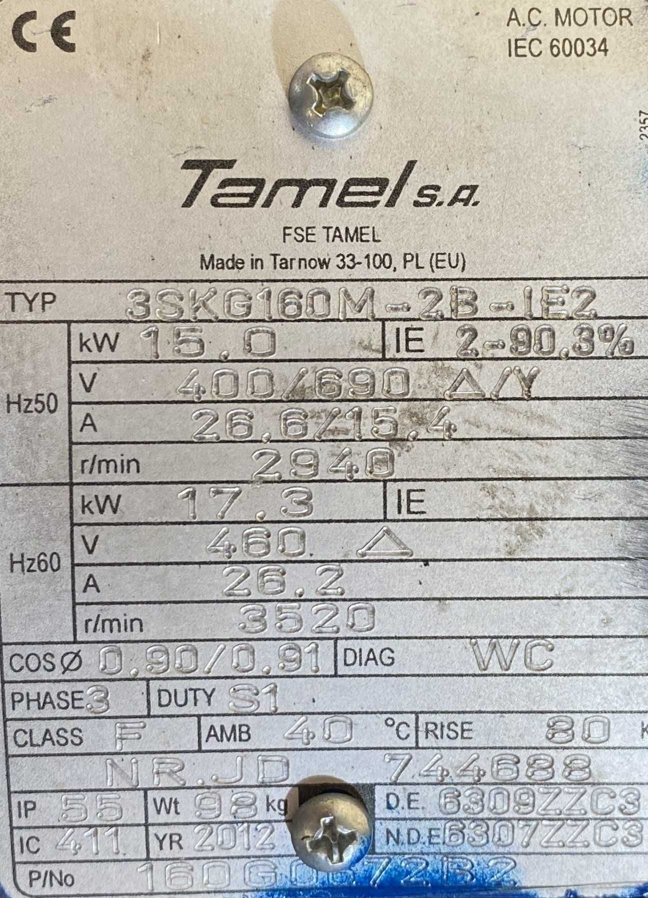 silnik elektryczny 11kW 2490obr. 3fazowy Tamel IE2