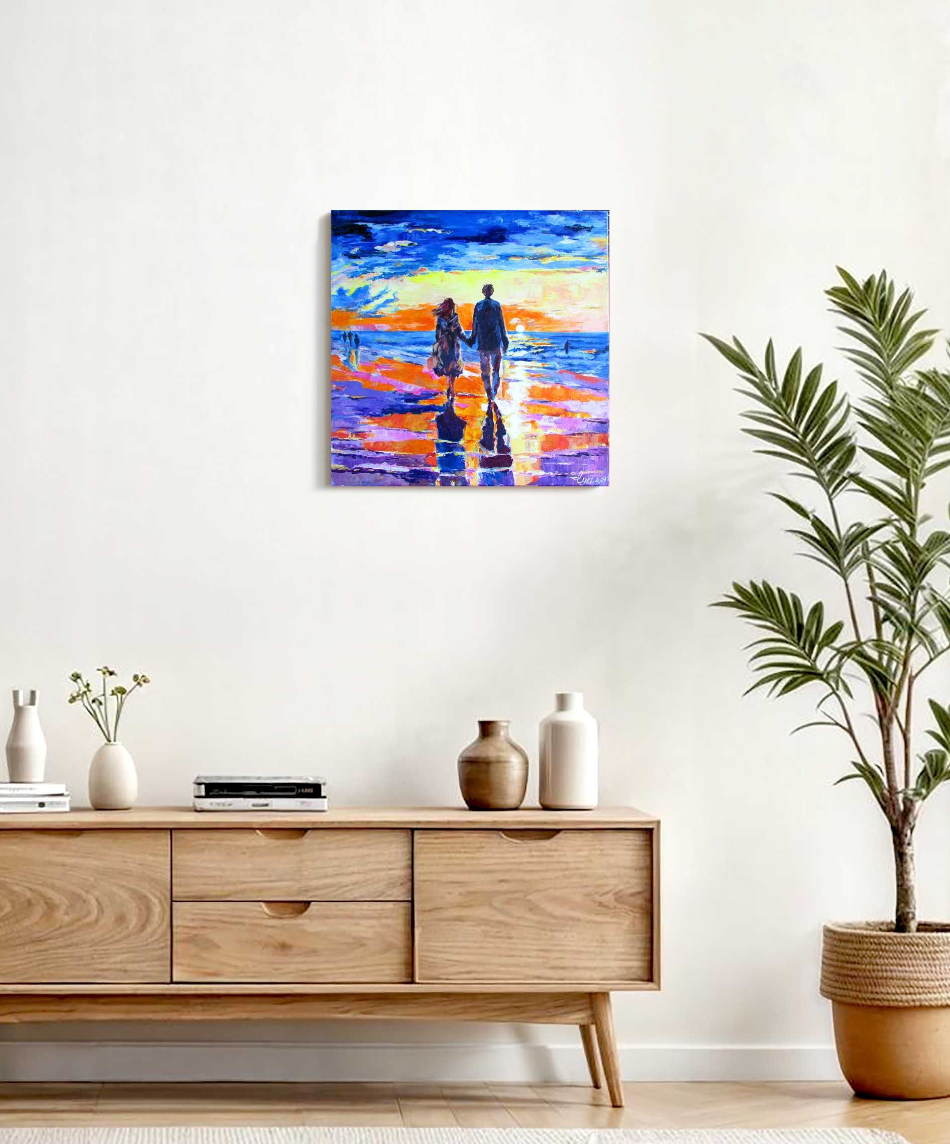 Miłość - Para wita zachód słońca na plaży. Najlepszy prezent! 50x50 sm