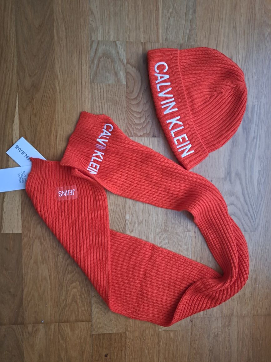 Komplet calvin klein czapka i szalik ck pomarańczowy nowy