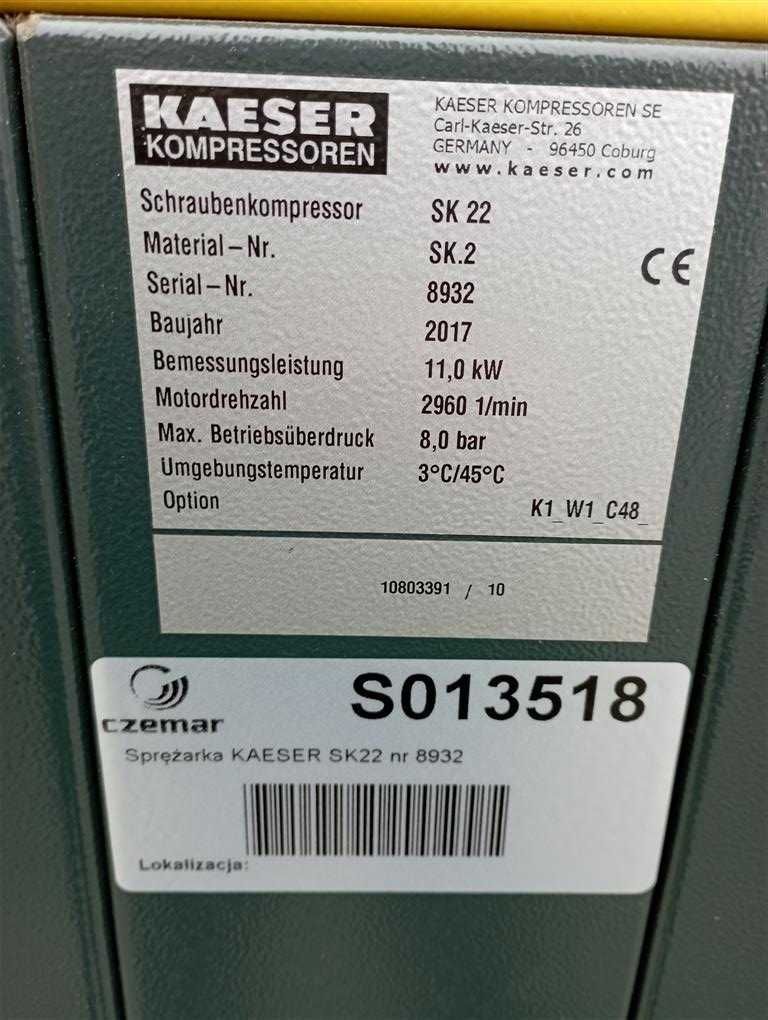 Sprężarka śrubowa,kompresor Kaeser SK 22, 11 KW ,S013518