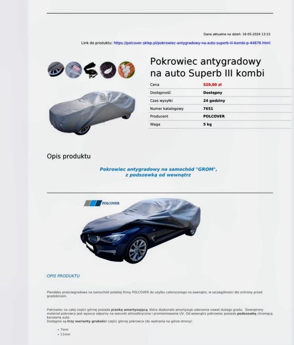 Pokrowiec antygradowy 14 mm Skoda, Volvo, Audi, BMW