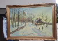 45 Duży pałacowy obraz pejzaż zimowy sygnowany