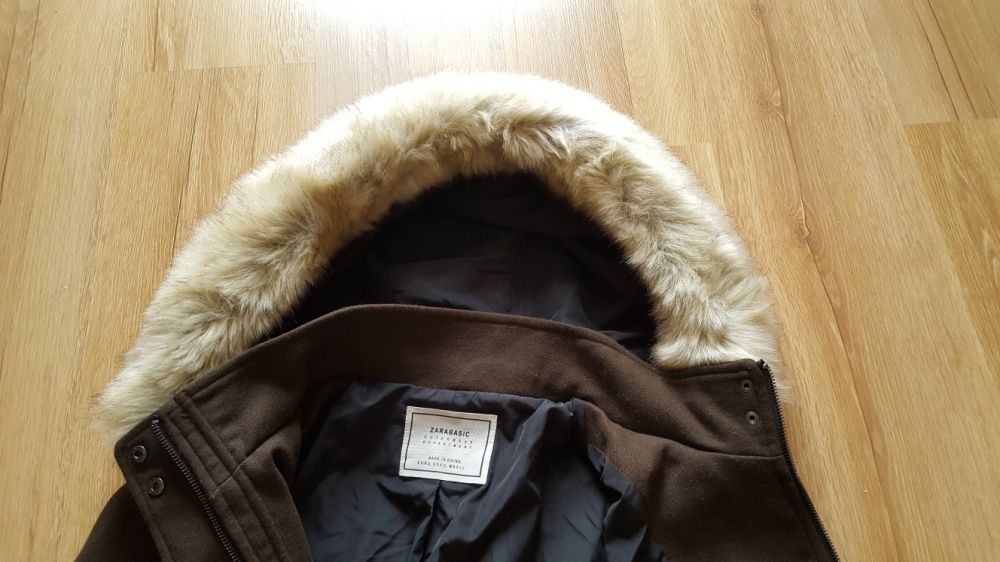 Płaszcz jesienno - zimowy Zara kaptur futerko brąz rozmiar XL