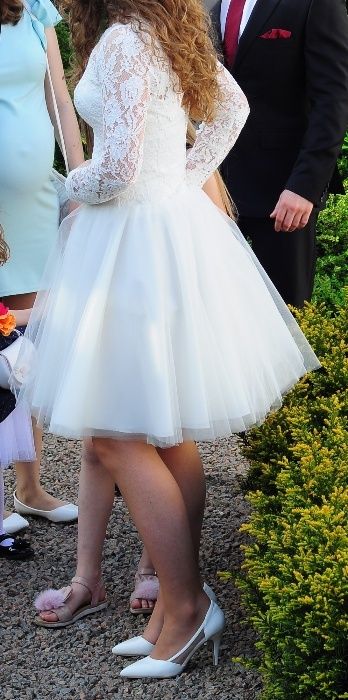 sukienka ślubna krótka ecru ivory - suknia ślub - gorset 34/36/38