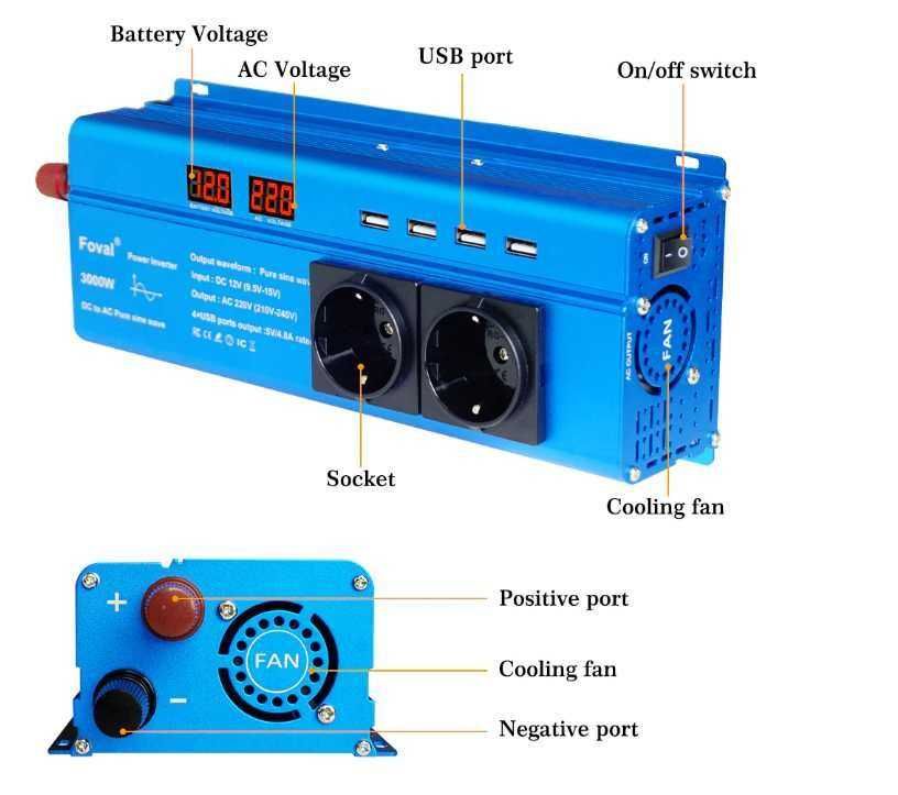 Інвертор Foval 3000W, чистий синус, перетворювач 12-220V