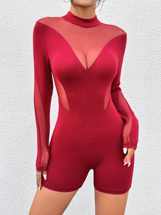 Kombinezon Sexy Romper Transparentny Ze Stójką Czerwony Shein Petite S