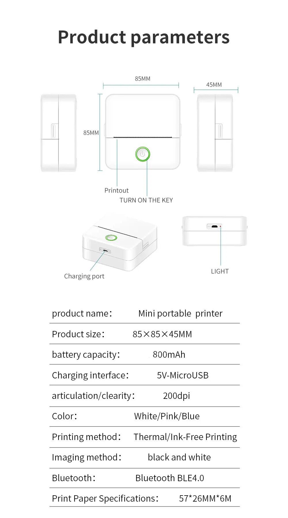 Mini impressora térmica portátil Bluetooth sem tinteiro NOVO